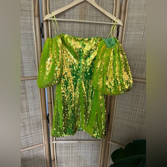 RHODE Dali sequin off the shoulder puff sleeves party dress chartreuse - Picture 7 of 7